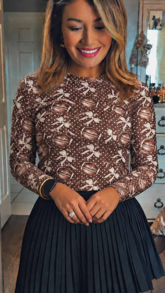 Brown Polka Dot Bow Football Print Long Sleeve Mesh Top